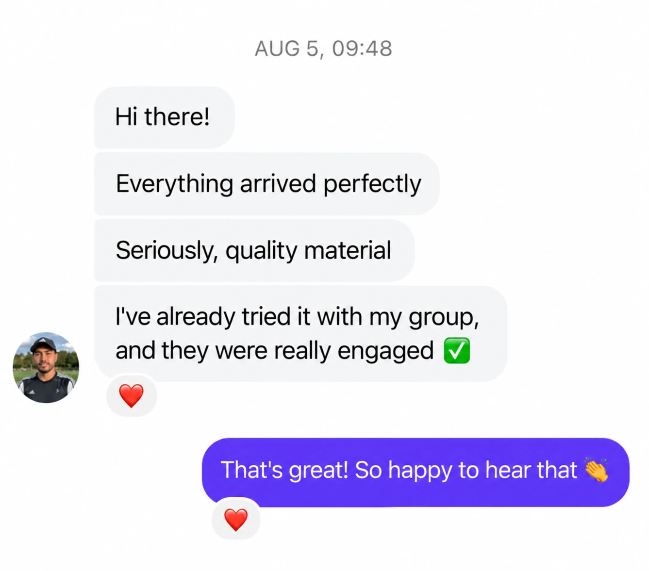 Kundenchat: Alles ist einwandfrei angekommen. Hochwertiges Material. Ich habe es schon mit meiner Gruppe ausprobiert, und alle waren richtig dabei. Antwort: Das freut uns sehr.