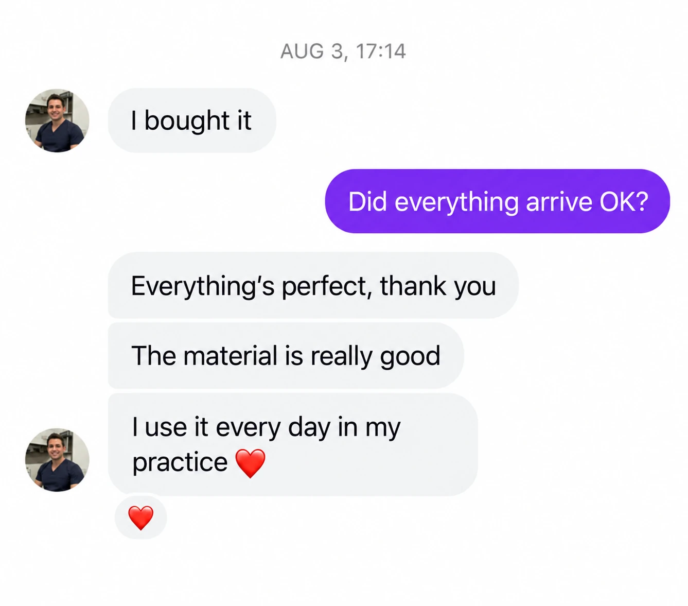 Kundenchat: Alles perfekt, danke. Das Material ist wirklich gut. Ich nutze es jeden Tag in meiner Praxis.